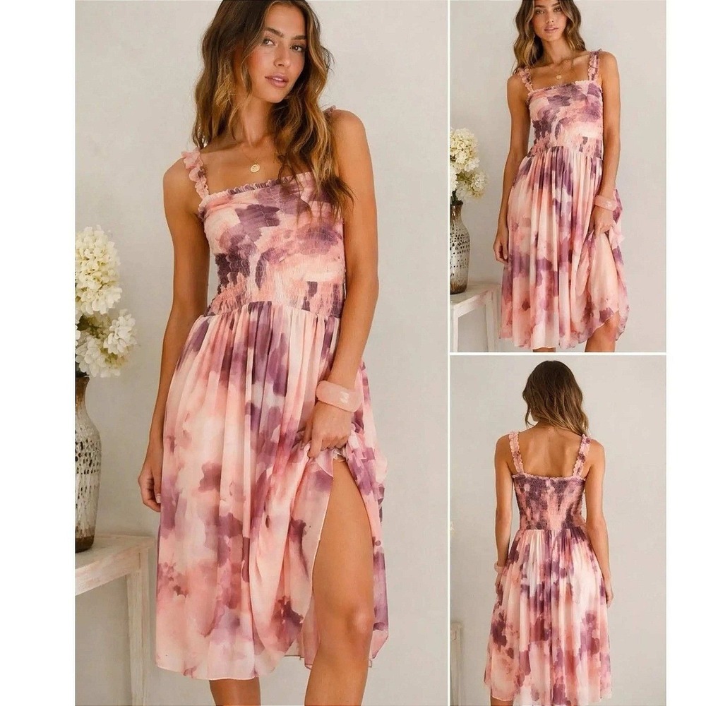 Free People Tessa Smocked Midi Dress Purple Pink Watercolor REVOLVE Medium